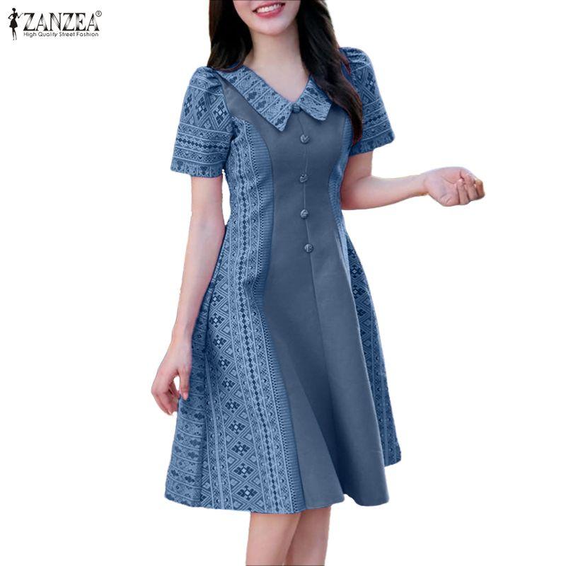 ZANZEA Women Casual V-Neck Summer Short Sleeve Print Dress