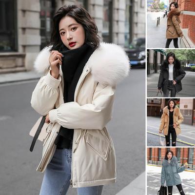 Women Padded Jacket Thickened Plush Lined Coat with Drawstring Waist Winter Warm Puffer