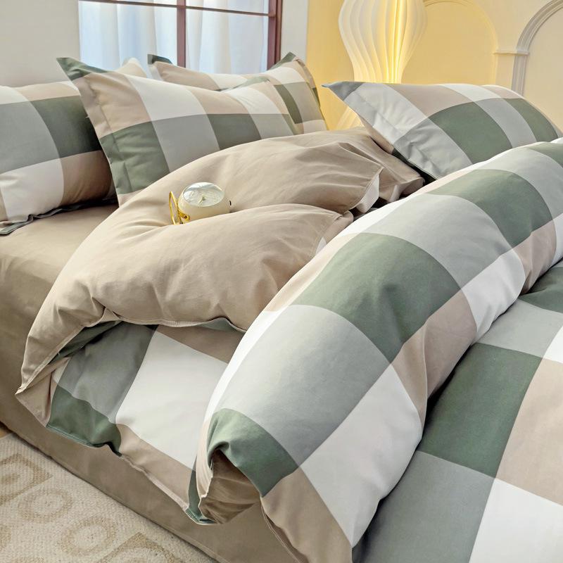 Muji Japanese Washed Cotton Flannel Plaid Bedding Set - 4 Pieces, Good Quality, Student Dormitory Style