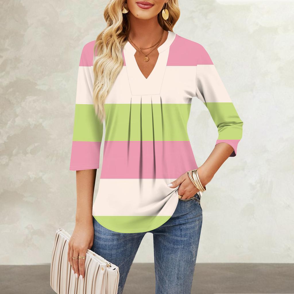 Damen Siebenviertelärmel Lässiges V-Ausschnitt Brust Rüschendruck Lose T-Shirt Tops