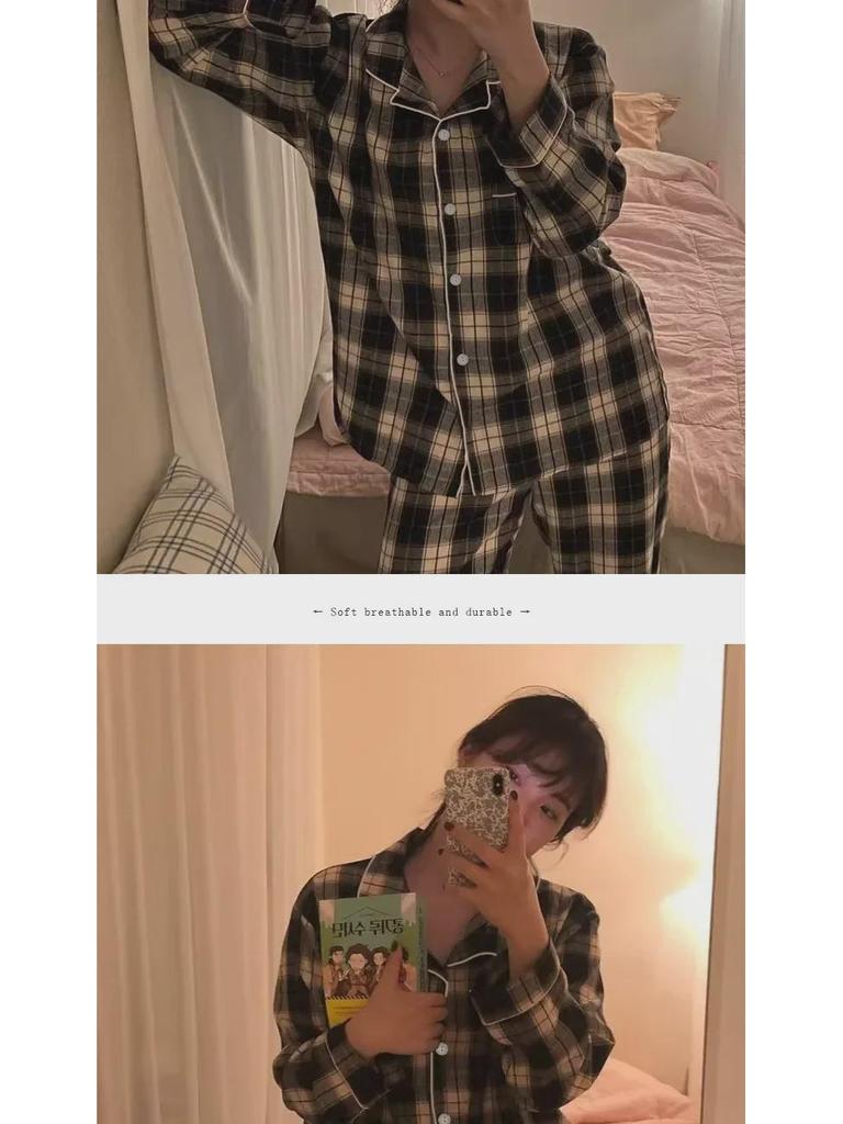 Damski jesienny komplet piżamowy w kratkę: Luźny, wygodny, cienki styl, kardigan z klapami, dwuczęściowy do domu
