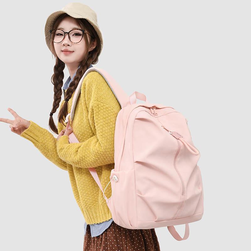 Solid Color Student Schoolbag Large Capacity Nylon Backpack