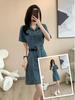 Women's Retro Denim Short Sleeve Slimming Shirt Dress