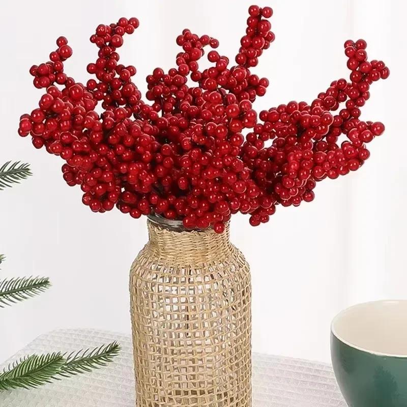 Christmas Artificial Red Berries Branches Fake Flowers Plants Holly Berry Stamen Xmas Tree Ornaments Party Home Decor Wholesale