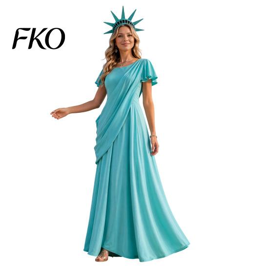 Vestito Accappatoio Azzurro Cielo Statua della Libertà per Bambini Adulti, Costume di Halloween Romano Donna Ragazza con Tiara e Torcia, Patriottico 4 Luglio