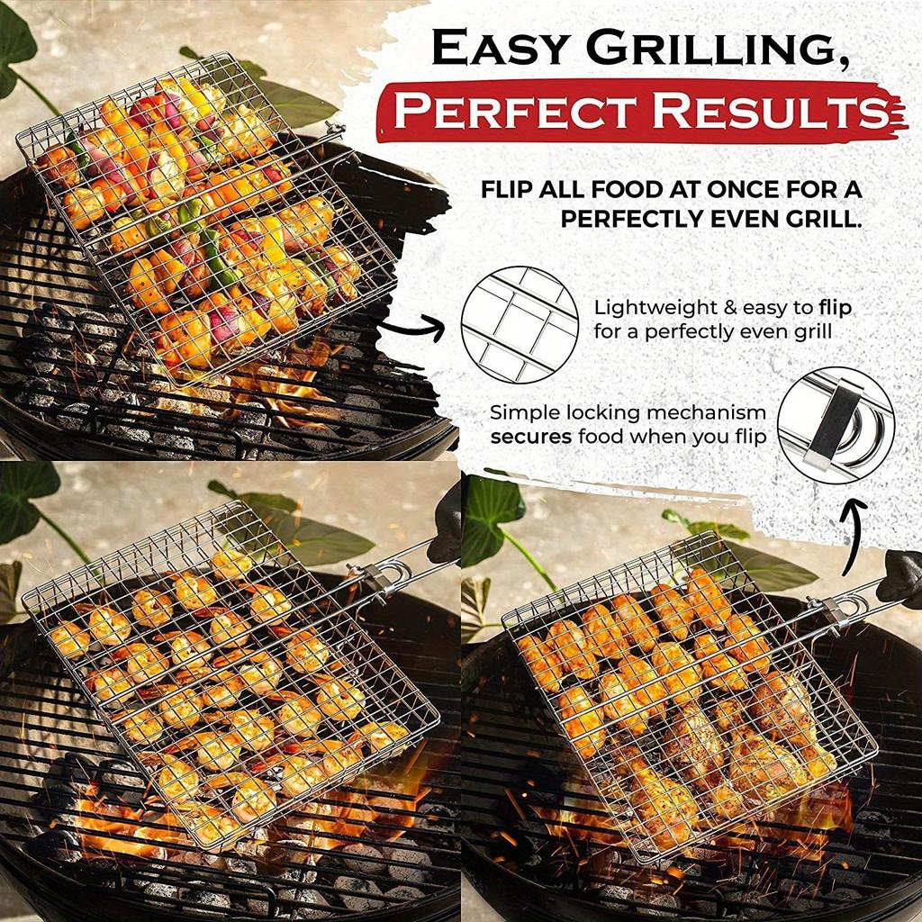 1pc BBQ Grill Basket - Heavy Duty Barbecue Turner for Meat, Steak, Shrimp, Veggies - Rustproof Outdoor Grilling Accessory for Picnic Camping