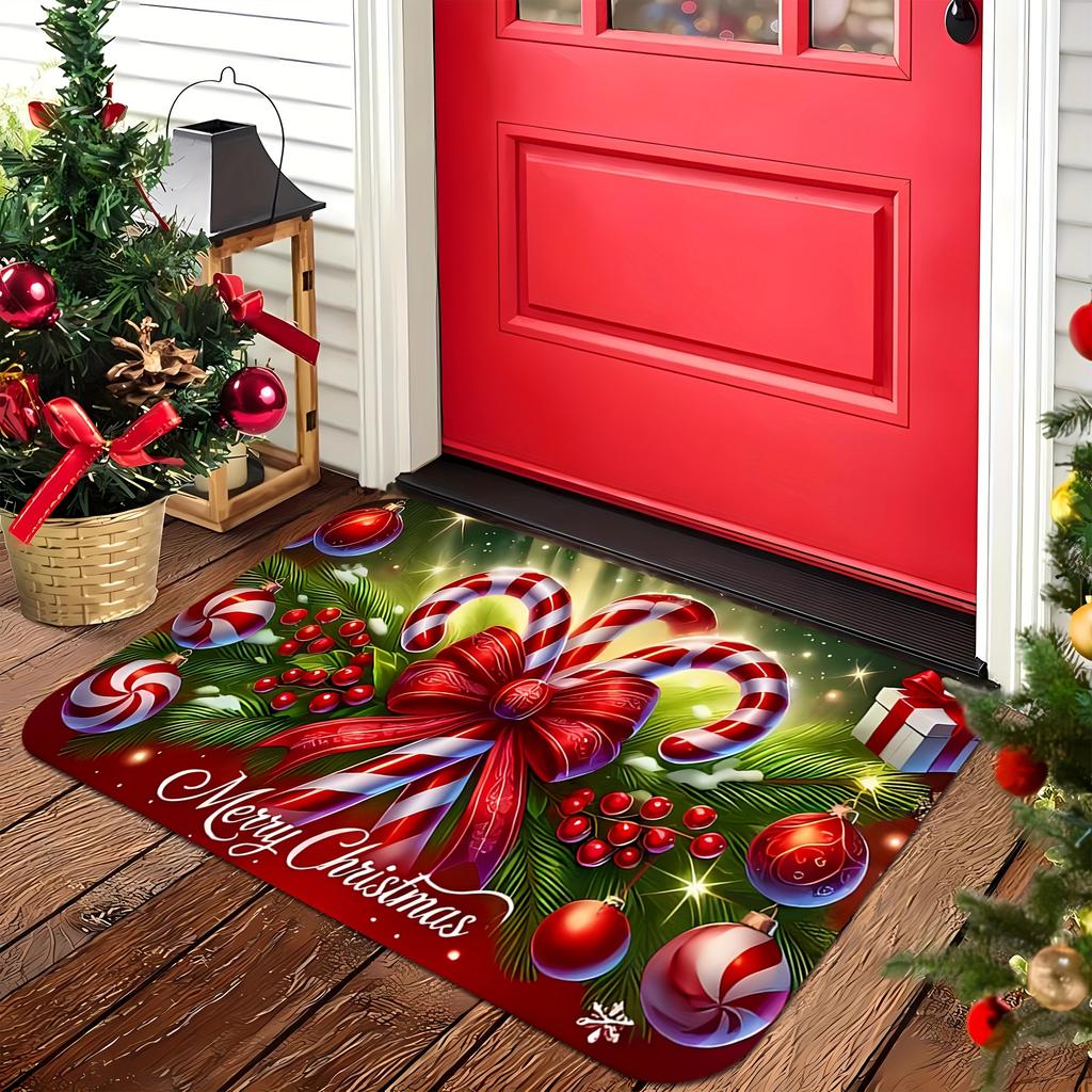 Christmas Candy Cane Bells Doormat, Non-Slip Flannel Holiday Mat for Front Door, Machine Washable Easy Clean Festive Home Decor