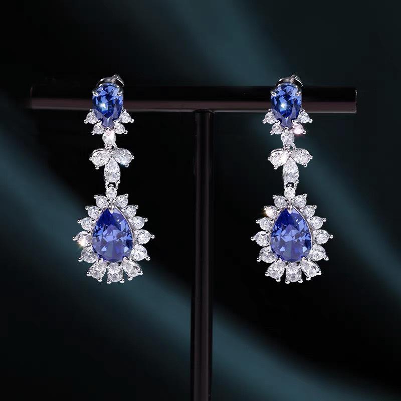 Luxury Jewelry Set: European & American Style - Tanzanite Blue Zirconia Necklace, Diamond Stud & Dangle Earrings, Water Drop Ring for Women