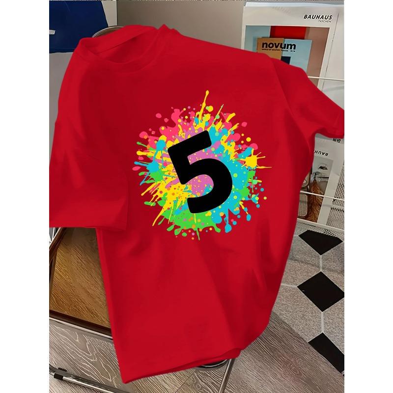 Kids Crewneck Short Sleeve T-Shirt, Doodle Number 5 Multicolor Splatter Print