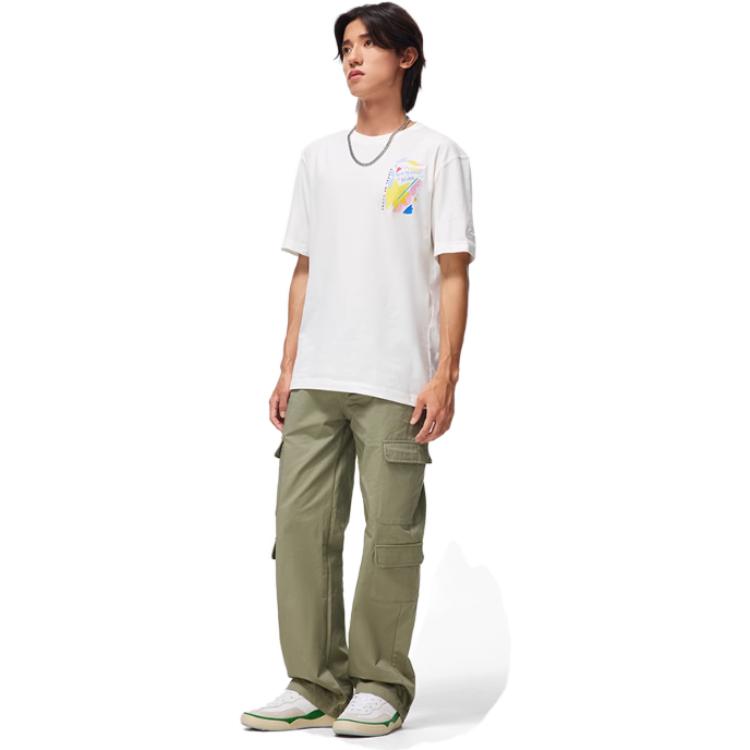 Li-Ning Honor Flower Theme Pattern Printed Round Neck Short Sleeve T-Shirt Unisex Tops Off-White AHST449-6