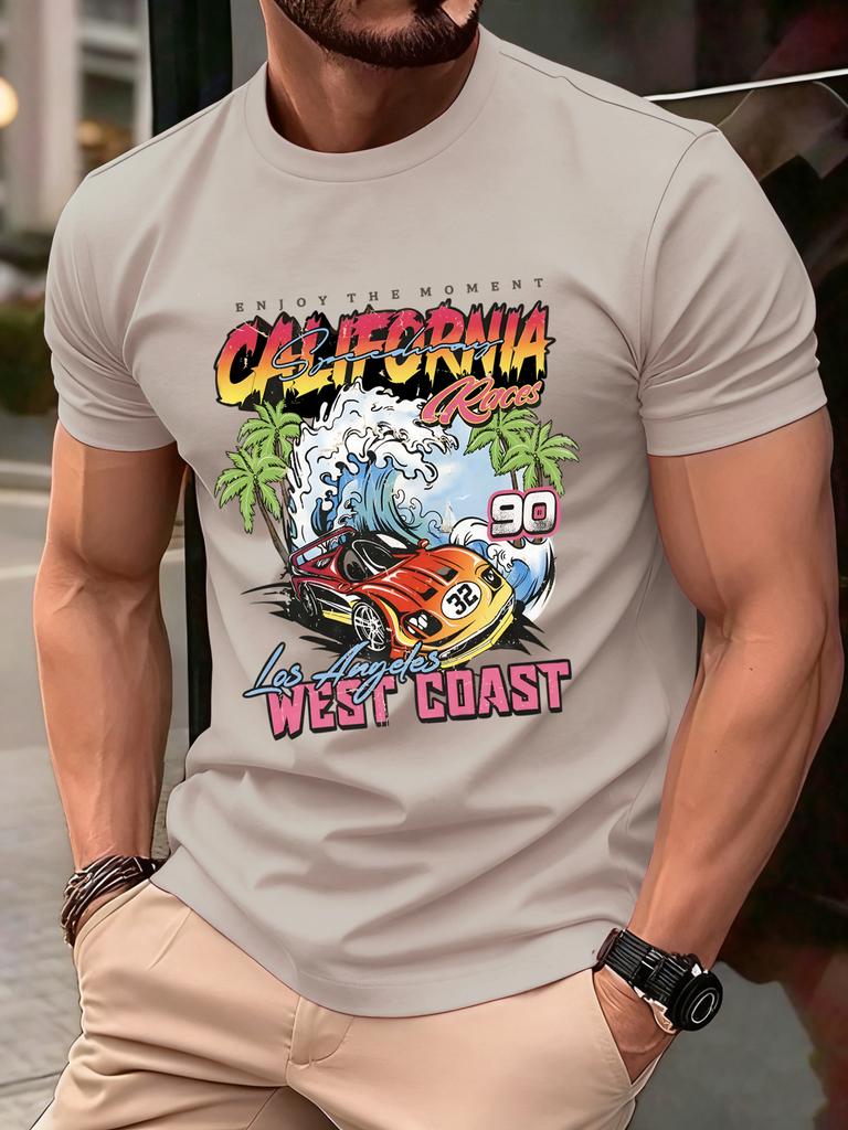 California West Coast Print Mens T Shirts Hip Hop AllMatch Tops Casual Cotton Vintage Clothes Male Loose Crewneck Streetwear