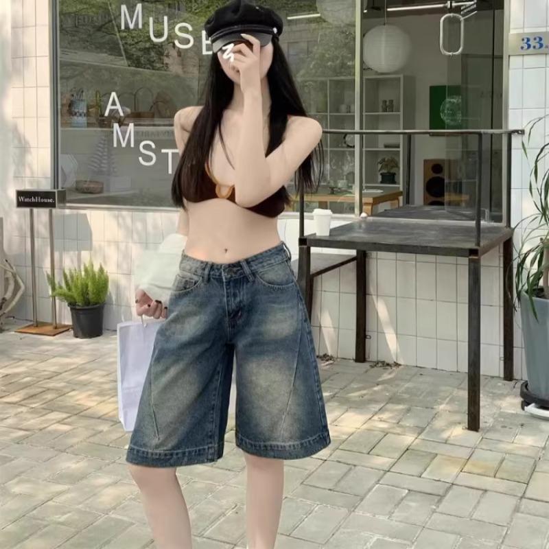 Women's Plus Size Vintage Low-Waist Denim Shorts - Summer 2026 Fashion, Casual Straight Leg
