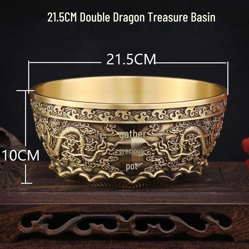 Copper Double Dragon Treasure Bowl: Wealth-Attracting Ornament for Home or Shop.