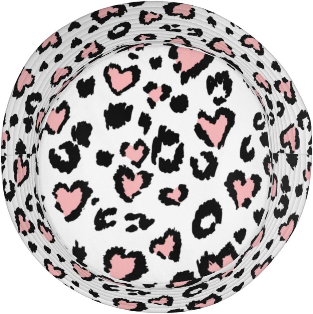Pink Leopard Heart Print Bucket Hat Fashion Animal Pattern Sun Hat For Women Girls Summer Beach Outdoor Streetwear Protection