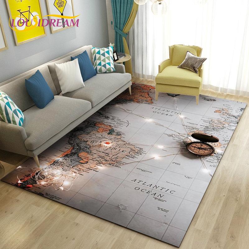 Alfombra retro con diseño de mapa del mundo vintage y brújula, para sala de estar, dormitorio, sofá, decoración, alfombra antideslizante para el suelo