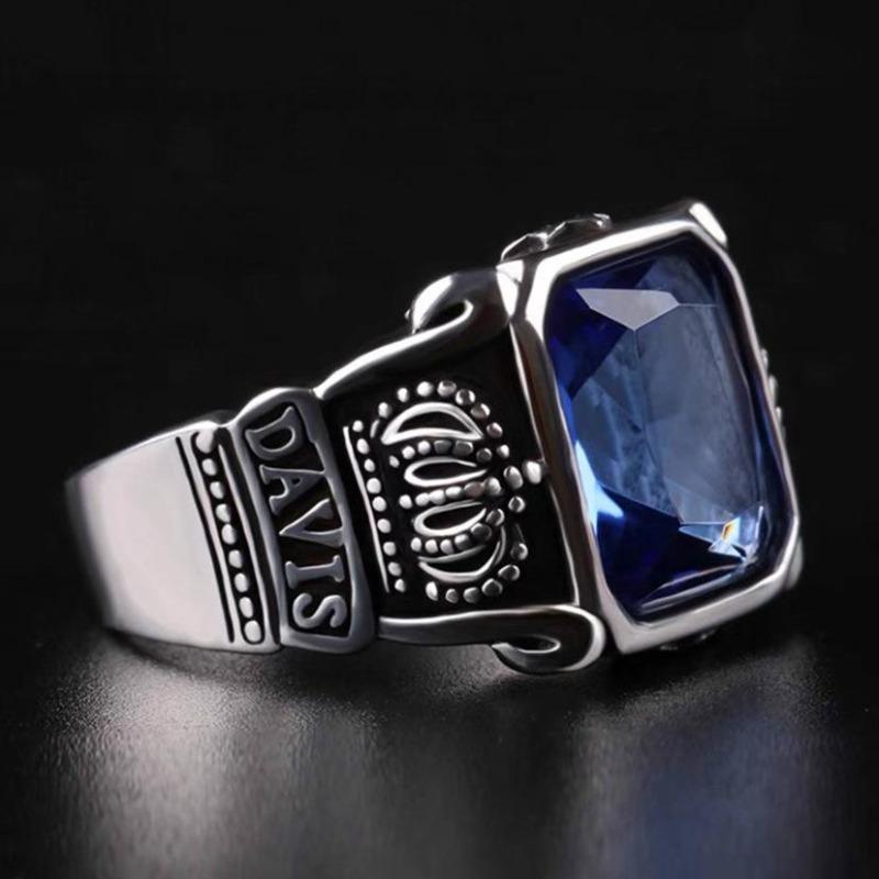 Colorful Retro Inlaid Square Blue Zircon Crown Ring Trendy Men'S Personality Ruffian Handsome Temperament Domineering And Adjustable