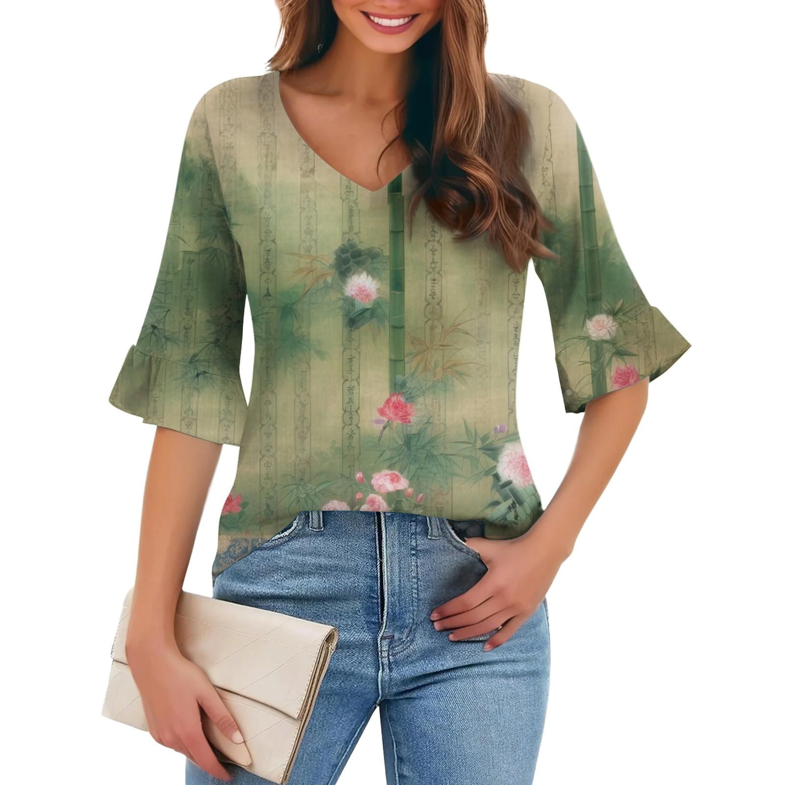 

Женская повседневная модная футболка с V-образным вырезом, свободная, для поездок на работу, с цветочным принтом и рукавами-пятью точками XL зелёный