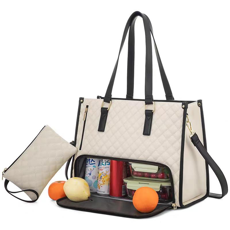 

Large Capacity 2-In-1 Handbag Lunch Picnic Combination Bag Large Handbag Thermal Insulation Bag Women S Commuter Office Computer Bag 43*16*31 CM брудно-білий