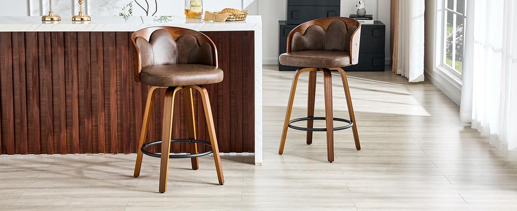 Set di 2 sgabelli da bar con schienale a forma di fiore, legno curvato, ecopelle PU, poggiapiedi in metallo, moderni