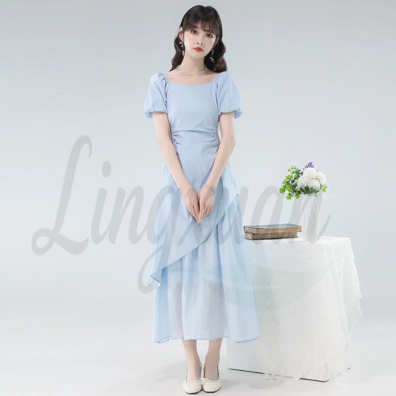 French Style Irregular Square Neck Pleated Maxi Dress with Waist-Cinching for Women Small синий