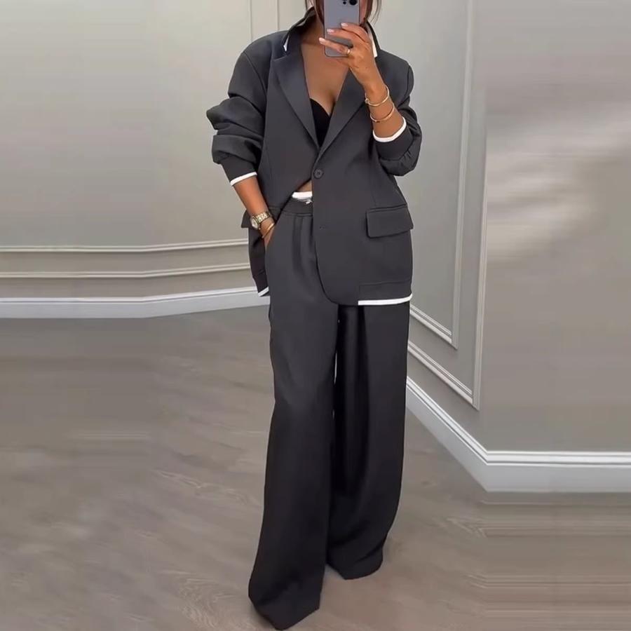 Autumn New Women's Clothing Set - Elegant Long Sleeve Jacket with Wide Leg Pants and Suit Trousers