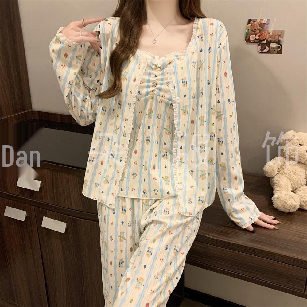 Hot-Selling 2024 Women's Long Sleeve Floral Pajama Set - Sexy Spring & Autumn Three-Piece with Chest Pads