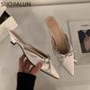 Fashion SUOJIALUN 2025 Spring New Brand Women Mules Shoes Fashion Square Low Heel Outdoor Dress Slides Pointed Toe Slip On Mules Shoes