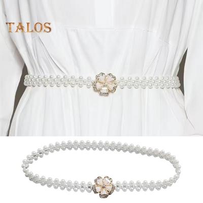 Pearl Belt for Women Fashion Rhinestone Floral Pearl Decorative Waist Chain Sweet Dress Elastic Belt Elegant Party Accessory