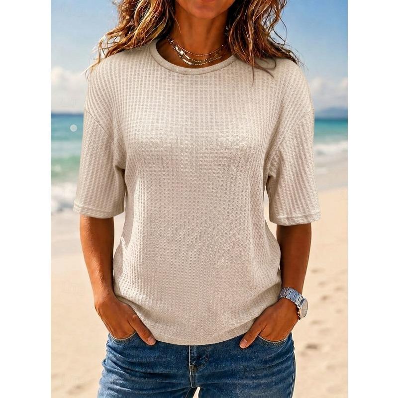 Casual Waffle Women Fashion T-shirt Top Summer Loose Solid Color Tee Tops Female All-matching Women T-Shirts