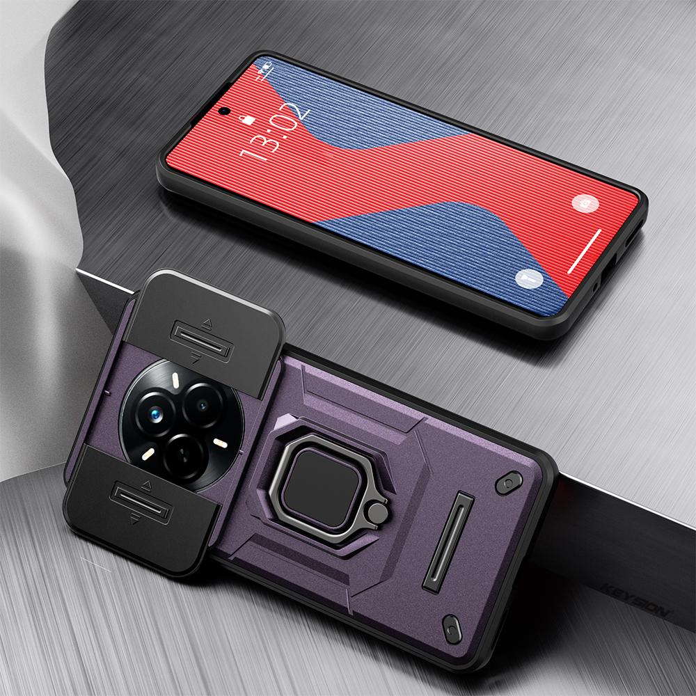 KEYSION Stoßfeste Hülle für Realme 14 Pro+5G Schiebekamera-Schutz Metallring-Ständer Handy-Rückabdeckung für OPPO Realme 14 Pro 5G