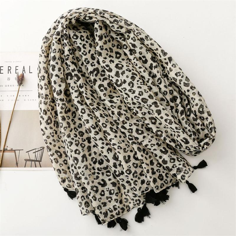 Autumn Women Scarf Cotton Leopard Print Shawl Tassel Summer Sun Protection Muslim Hijab Viscose Wrap Headscarf 90*180cm