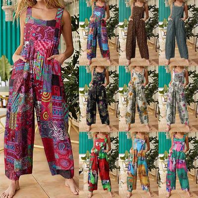 Damen Jumpsuit mit Blumenmuster und Patchwork-Muster, lockere Latzhose, Jumpsuit, Hose, Strampler, Overall