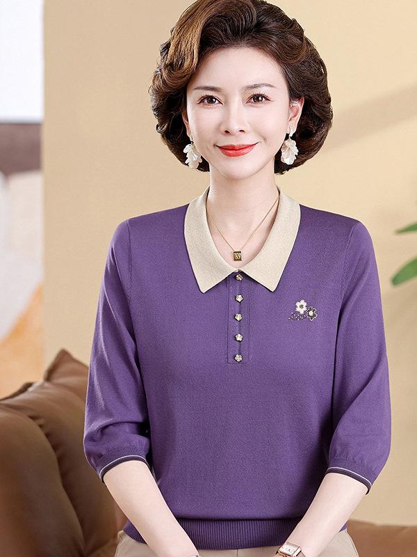 

Spring Seven-Sleeve Knit Pullover with Embroidery: Ice-Silk Style for Middle-Aged & Elderly Mothers 2XL (135-150 jin) фиолетовый
