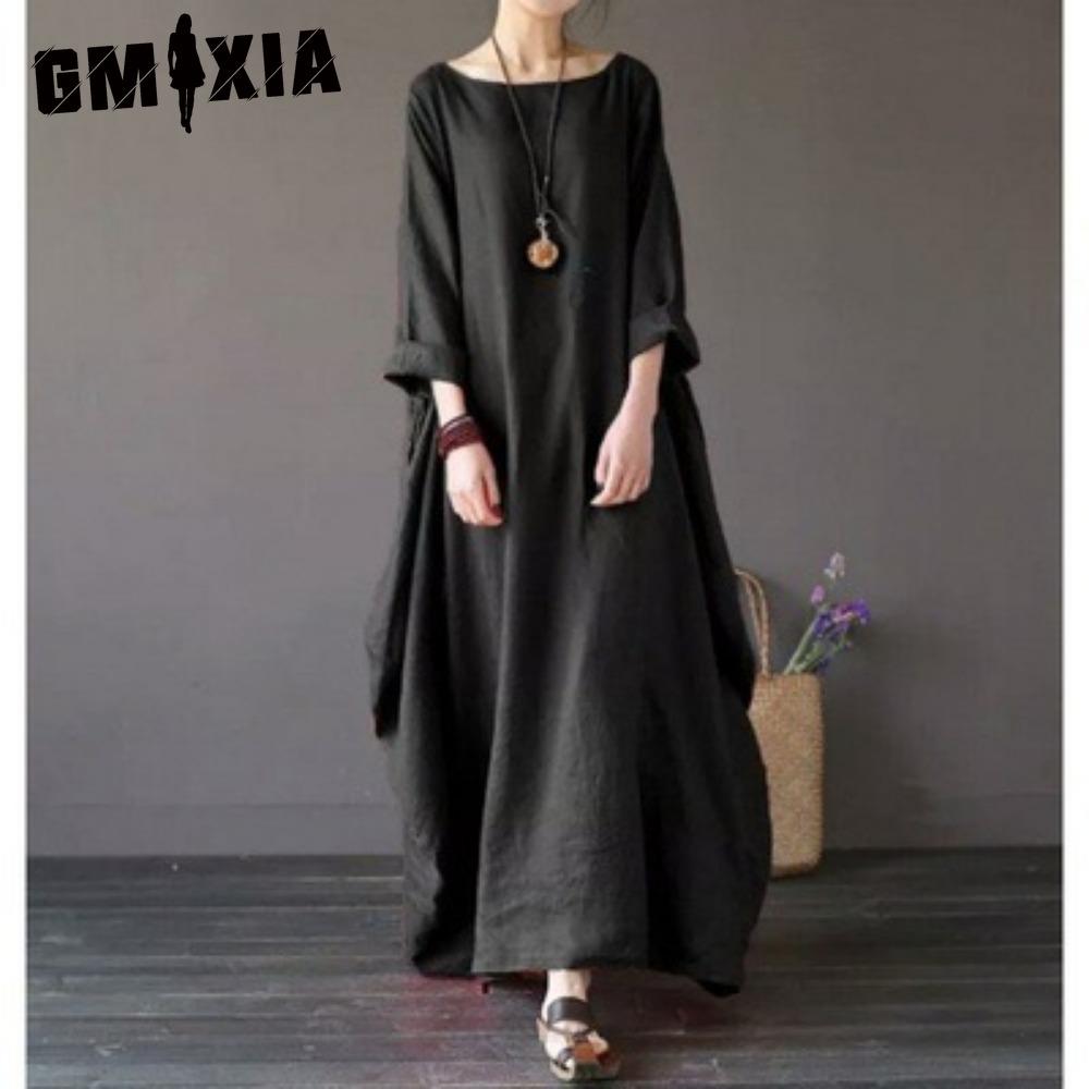 

GMXIA Женское длинное свободное летнее повседневное платье из льна и хлопка, больших размеров XXL чёрный