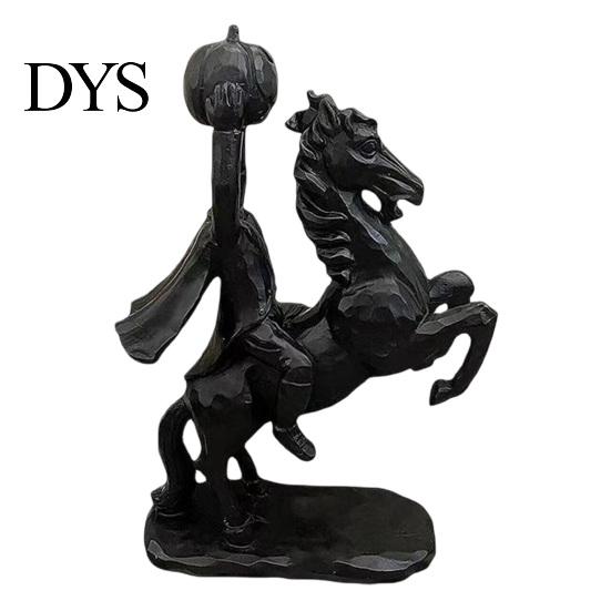 Unique Dark Atmosphere Ornaments Headless Horseman Holding Pumpkin Statue, Matte Black Halloween Resin Figurine, Spooky Table Centerpiece Gothic