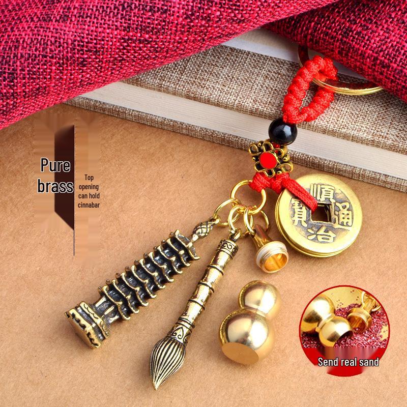 Solid Brass Success Pen with Wenchang Tower, Five Emperor Coins, Copper Gourd Keychain, and Red Cinnabar Pendant.