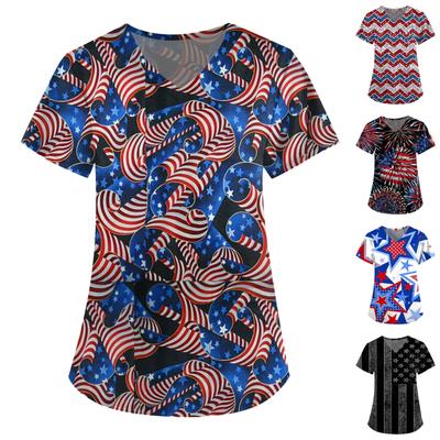 Women's Short Sleeve V-Neck Independence Day Printed Pocket Carer Top