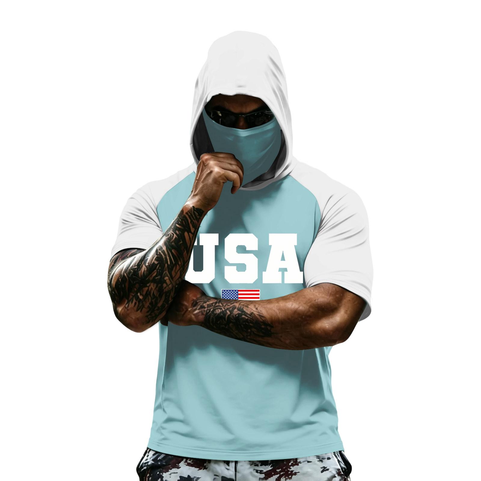 

Men s summer camouflage gradient drying short-sleeved T-shirt, sun clothing, fishing, fitness, sports, hooded short-sleeved shirt S ціан
