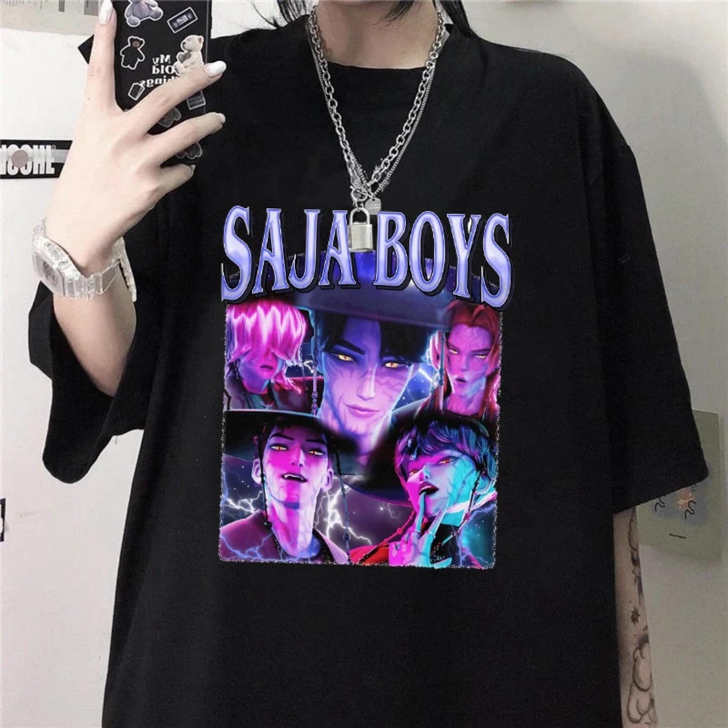Горячая K-pop футболка с принтом Demon Hunters Saja Boys Летняя повседневная свободная футболка Женская Мужская Футболки Харадзюку S чёрный