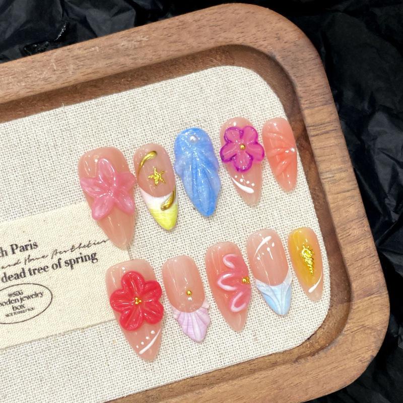 Design #677 Press on Nails Set Luxury Handmade 3D Flower Shell Manicure Gel Nails Tips Acrylic Fake Nails for Women