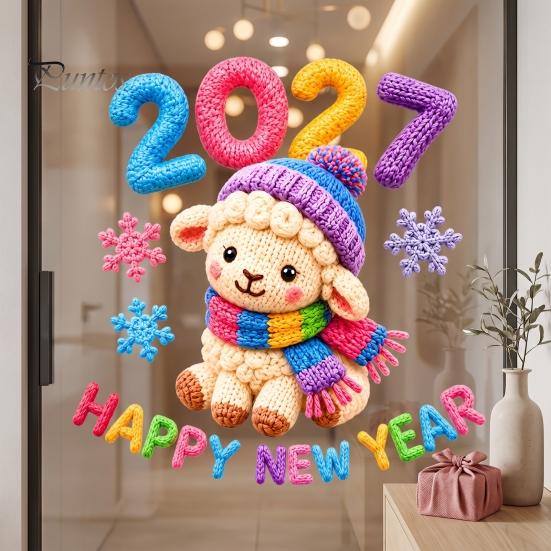 Commercial Store New Year Decor Chinese Window Stickers, 2027 Goat Static Clings, Reusable Winter Theme Decals Crochet Knit Lamb Decals, for Home Shop