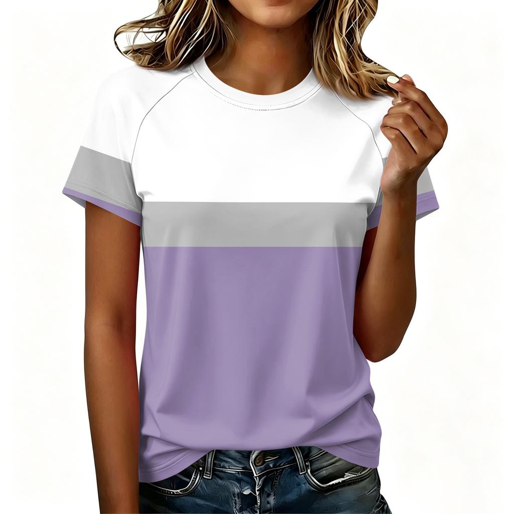 Women's Fashion Raglan Sleeve Crew Neck Casual Colorblock Print Short Sleeve Top Lightweight Soft Fabric Comfortable Fit