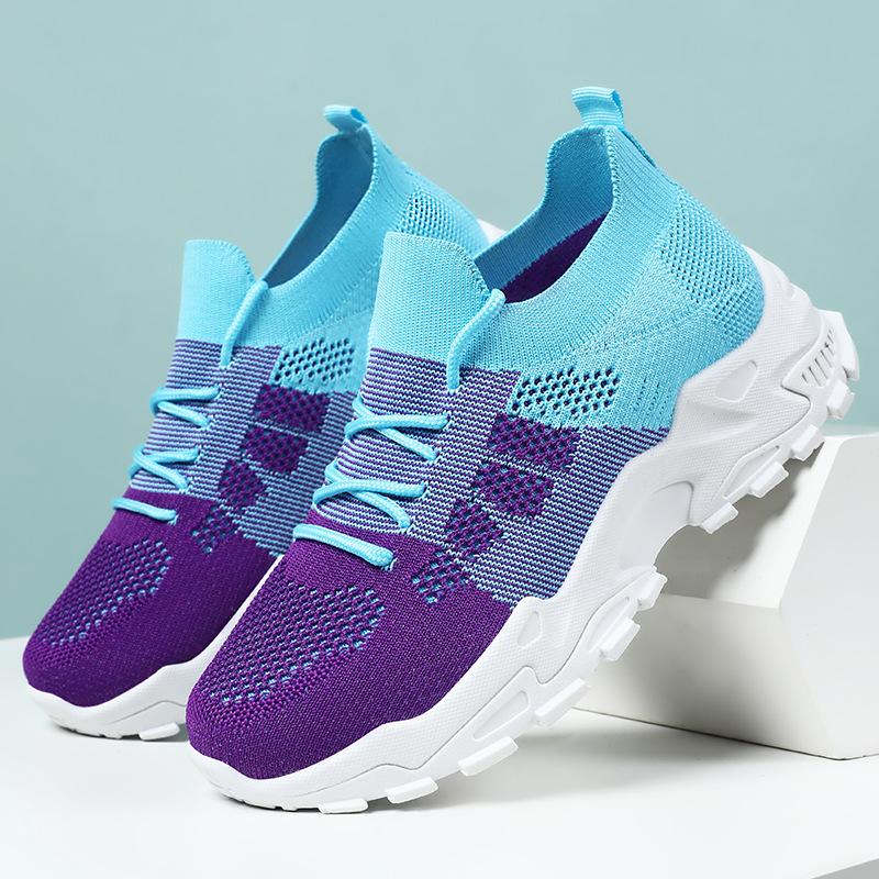 Women's Shoes New Sports Shoes Color Matching Platform Shoes Fly-woven Breathable Single Shoes Lace-up Light Running Shoes Soft-soled Mesh Shoes