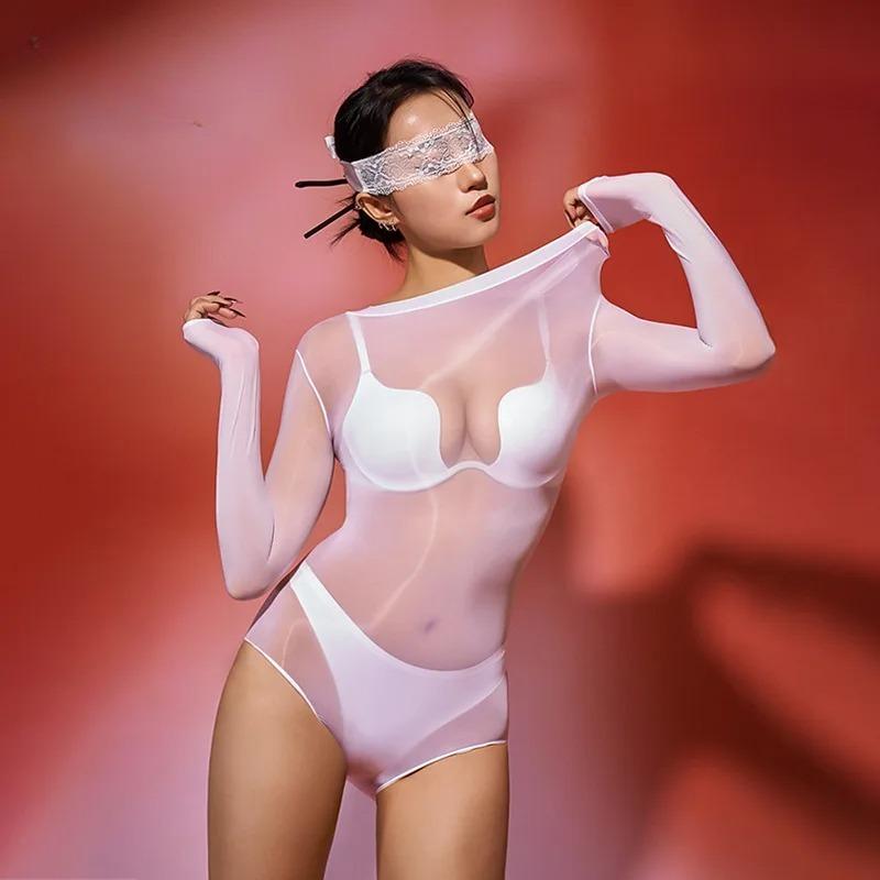 Sexy Women Oil Glossy Shiny High Cut Bodysuit  Bodycon Sexy Tights Sheer See Through Smooth Seamless Elastic Leotard Thong