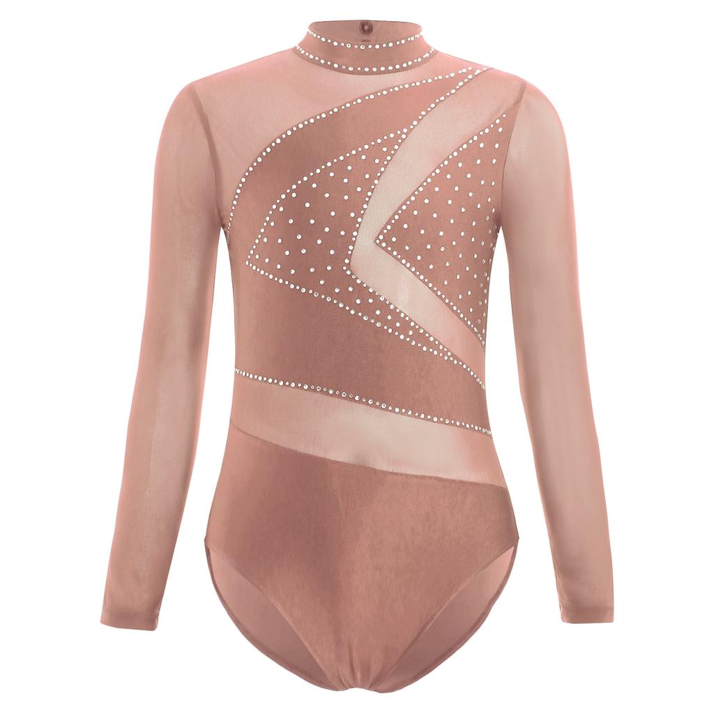 Tuta da Ginnastica Artistica per Bambine Ragazze Costume da Pattinaggio Artistico per Bambini Body in Rete Trasparente a Manica Lunga con Cutout Leotard da Balletto/Ginnastica