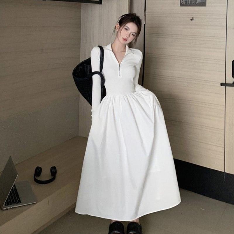 

Французский темперамент высокого класса, приталенное базовое платье, белое трикотажное платье с длинным рукавом для женщин, осень L белый