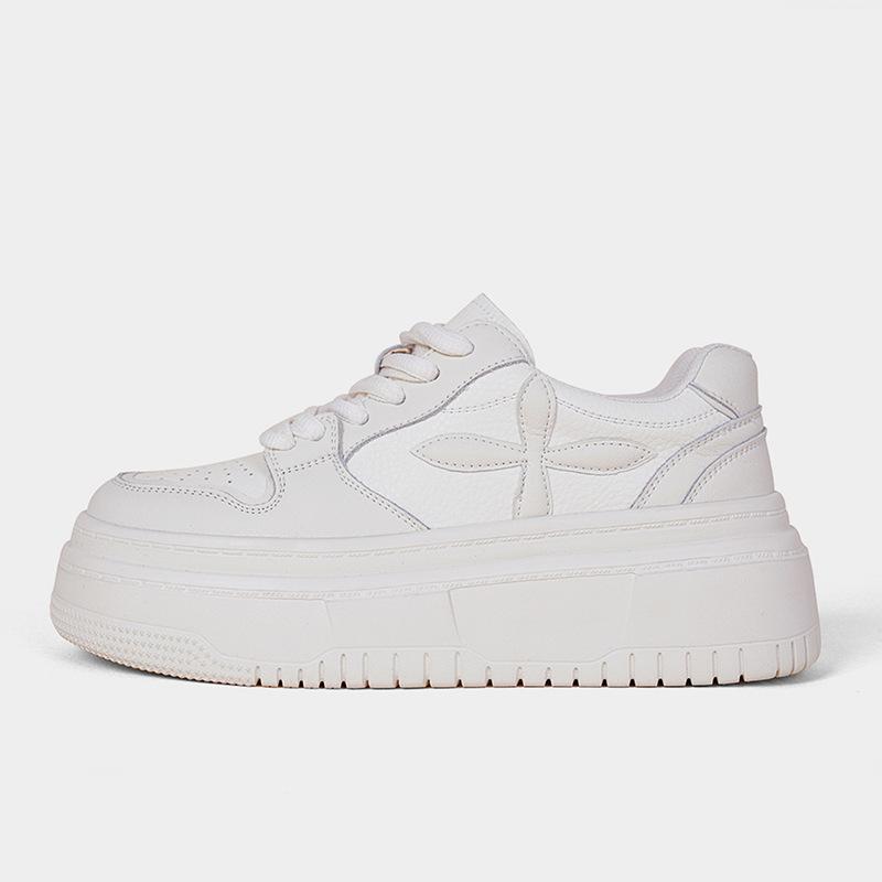 

Spot cowhide sneakers women s round head thick sole retro sports and leisure board shoes small girls height increase white shoes 40 белый