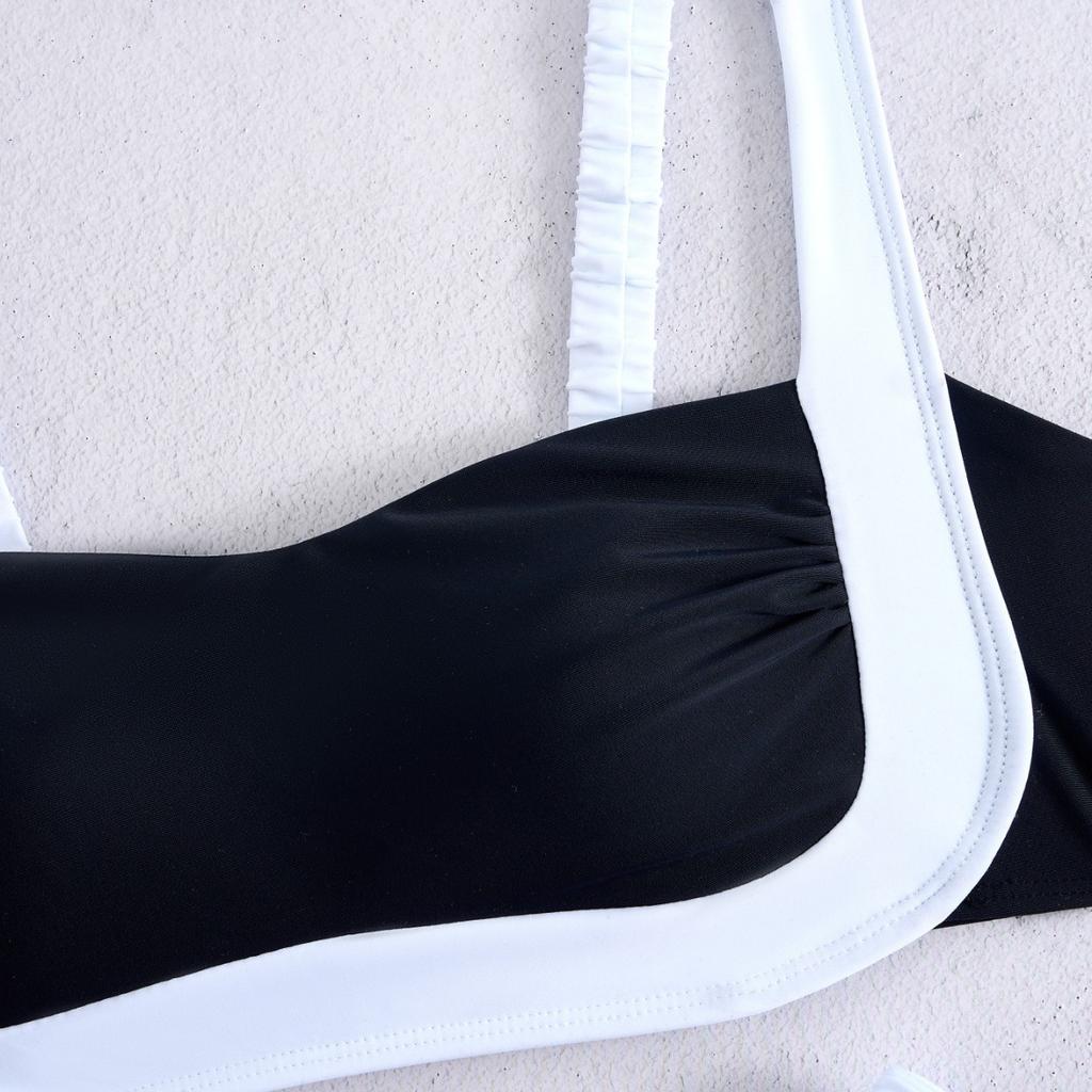 Bikini da Donna Elegante Color Block Bianco e Nero Costume da Bagno Senza Schiena con Spalline Bianche KTY