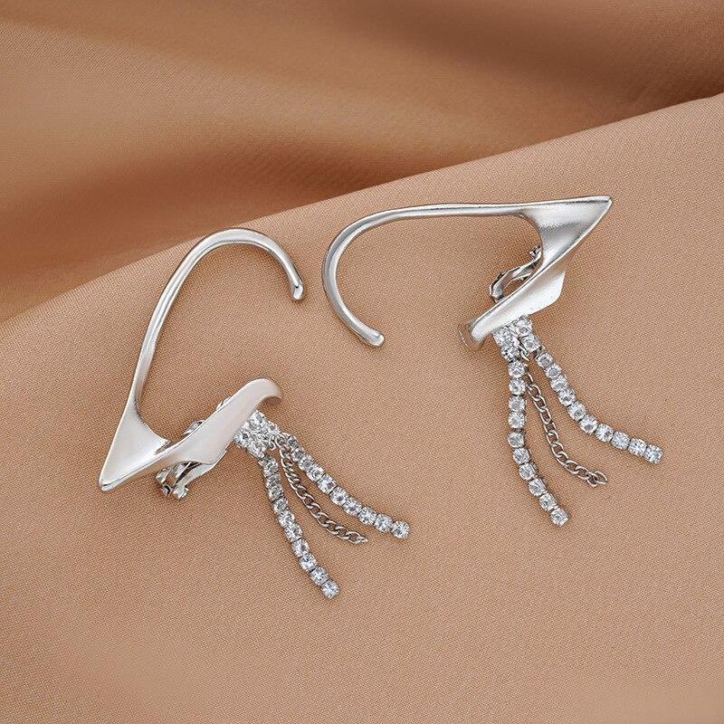 Punk Elf Ear Cuff Fake Piercing Dangle Earrings Silver Tassel Clip On Earrings Unique Fairy Ears Goth Jewelry Dropshipping