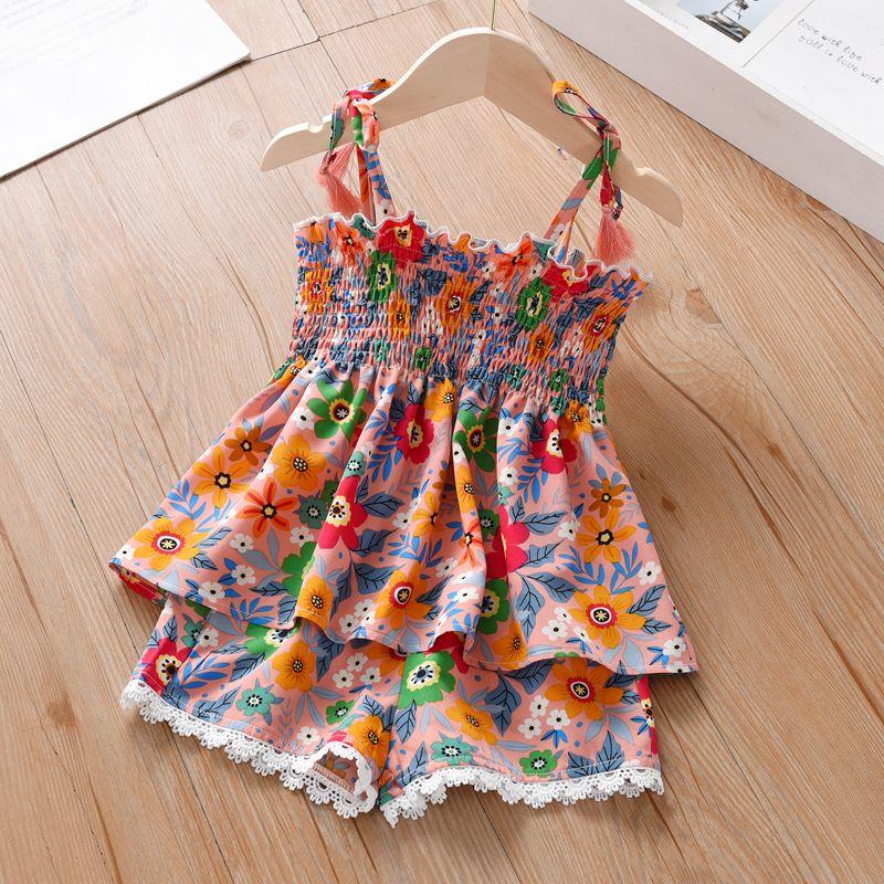 Girls' Floral Chiffon Set Summer New Item for Baby Girls Children's Camisole Top Lace Shorts Two-piece Set